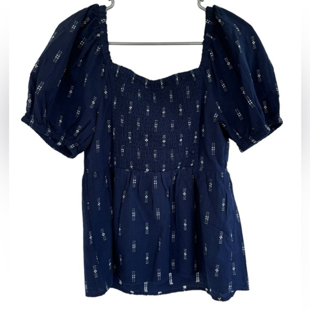 Madewell Women's Jacquard Empire Top Smocked Puff Sleeves Navy Blue Size XS - Picture 5 of 5